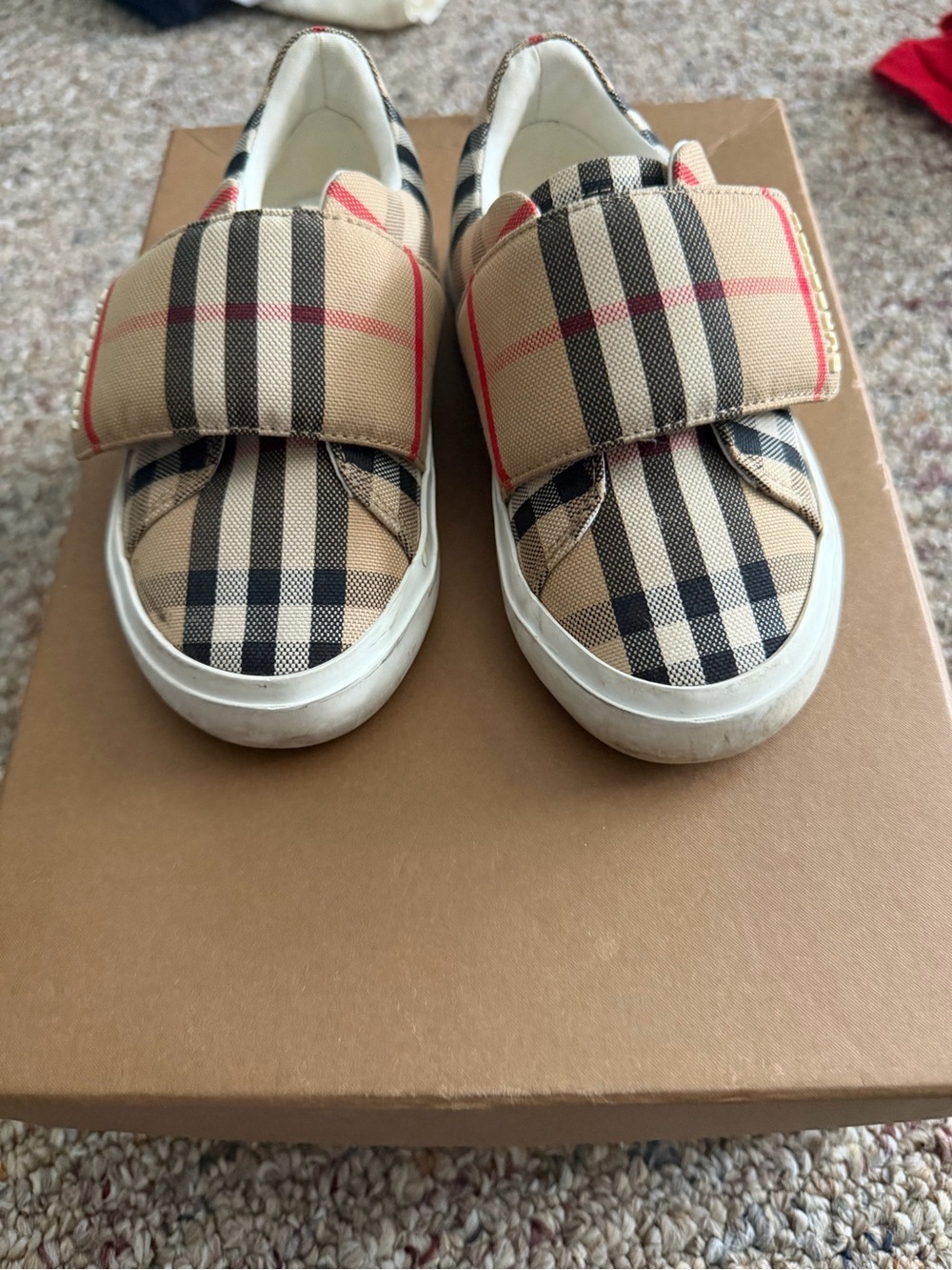 Burberry Tan Plaid Velcro Kids Sneakers
